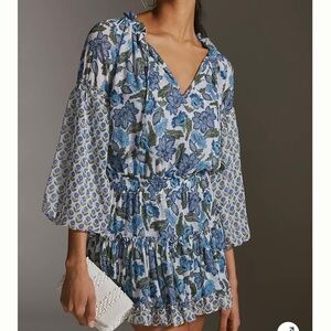 MISA V-Neck Mini Dress in Blue Motif NWT S